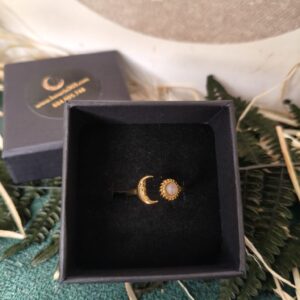 🌙☀️ Anillo Adaptable de Acero Dorado – Luna y Sol con Cuarzo Rosa